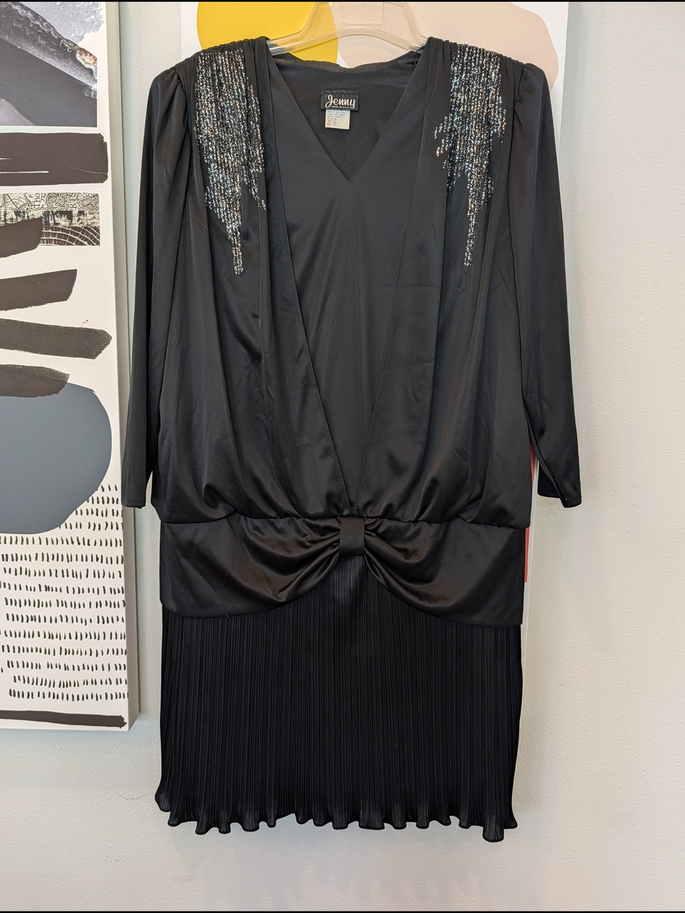Vintage Jenny Black And Silver  V-Neck Cocktail Ruched Waist Dress